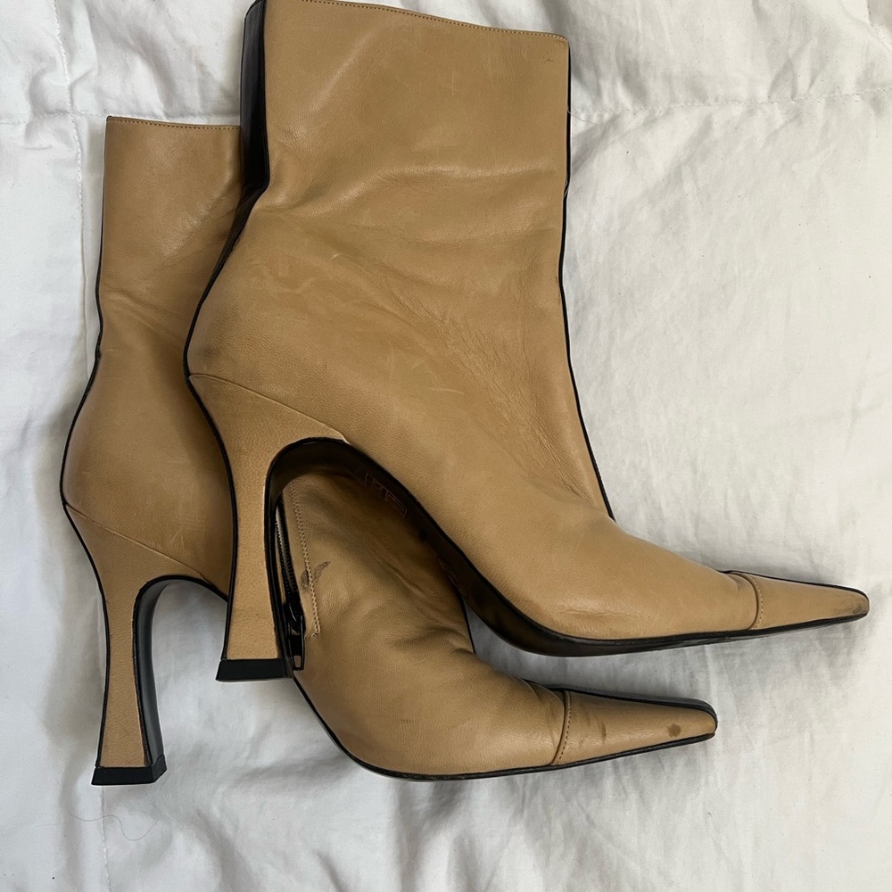 CHANEL Beige Pointed-Toe Leather Ankle Boots